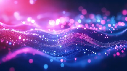 Poster - Glowing abstract wave: a vibrant display of fluid lines and sparkling orbs, blending pink and blue shades.