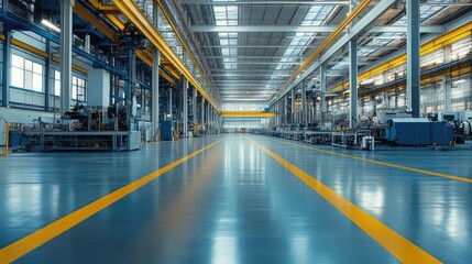 Poster - A factory's clean and well-organized production area, with rows of tools, machinery, and unused space ready for future work.