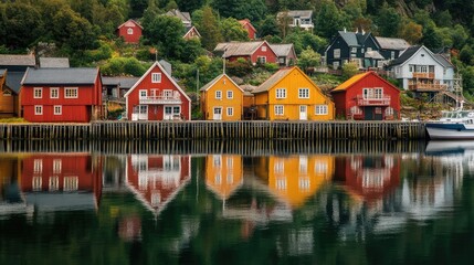 Poster - A picturesque fishing village with colorful wooden houses reflecting on calm harbor waters, capturing the charm of coastal travel.