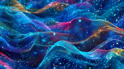 Poster - Abstract colorful waves with glowing dots. Digital art rendering of vibrant flowing forms and light.