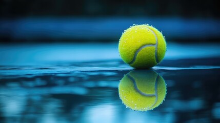 Poster - A tennis ball resting on a blue hardcourt with water droplets on its surface, capturing an intense and dramatic sports moment.