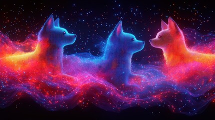 Fototapete - Vibrant Pixel Art Pattern of Colorful Dogs Against a Starry Background, Featuring Abstract Swirls and Bright Colors in Silk Fabric Style