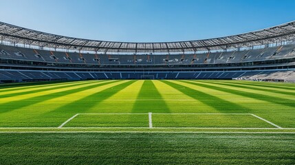 Poster - A view of the empty stands in a massive stadium, with a neatly maintained football field and a clear blue sky overhead.