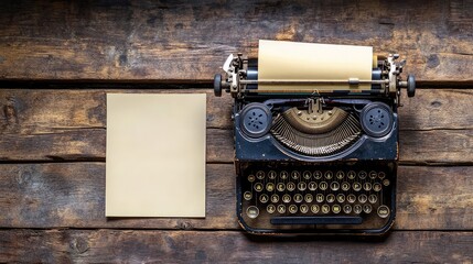 Poster - A vintage typewriter on a rustic wooden desk with a blank sheet of paper, symbolizing creative writing and storytelling.