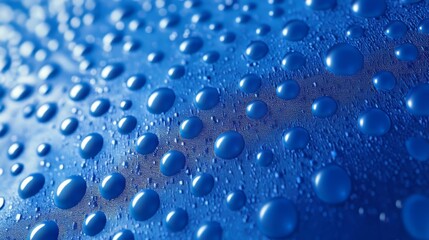 Poster - Blue surface dotted with water droplets reflecting light, creating an abstract and textured background.
