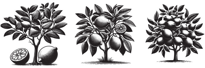 Lemon tree in traditional woodcut drawing, black and white botanical illustration