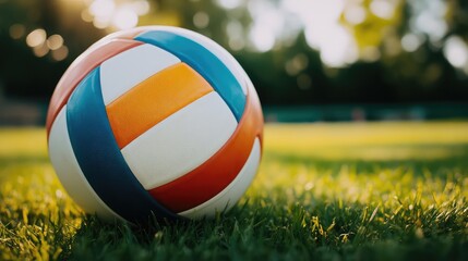 Poster - A volleyball on a grass court, the bright colors contrasting with the green, grassy background.