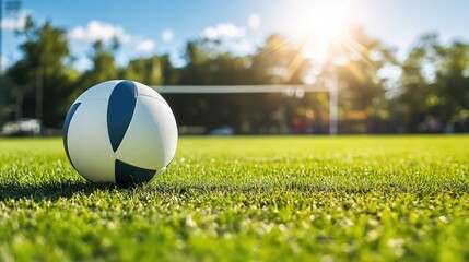 Poster - A volleyball on a grass court, the bright colors contrasting with the green, grassy background.