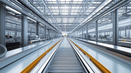 Poster - A wide-angle shot of a clean and organized factory assembly line, with empty conveyor belts and metallic parts awaiting production.