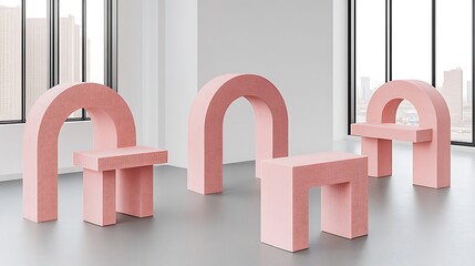 Poster - Four pink architectural shaped seating arrangements inside of a room
