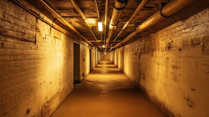 Poster - A wide, industrial tunnel with exposed pipes running along the ceiling, and dim overhead lights casting shadows on the walls.