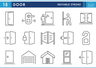 Poster - a set of line icons related to door. doors, knock, lock, key, handle, and so on. vector editable str