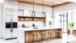 © BrilliantPixels - Modern Kitchen Interior Wood Accents, Pendant Lights, Minimalist Design, Kitchen, InteriorDesign