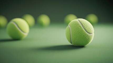 Poster - Multiple tennis balls bouncing in different directions on a green court, symbolizing motion, energy, and fast-paced sports action.