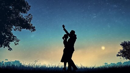 Wall Mural - Romantic silhouette of a couple dancing under a starry sky with glowing orbs and a serene landscape