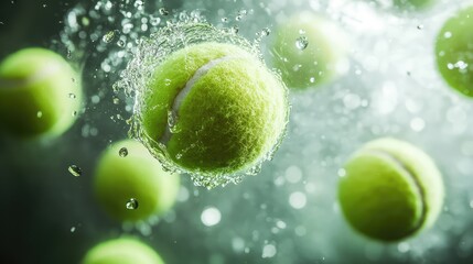 Poster - Tennis balls bouncing in different heights, captured with a freeze-frame effect.