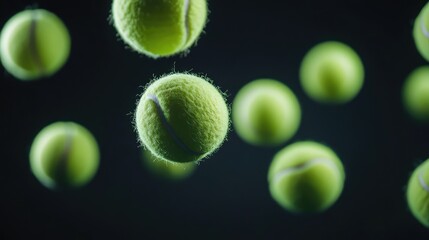 Poster - Tennis balls floating in mid-air against a dark background, creating a dynamic and modern sports concept.