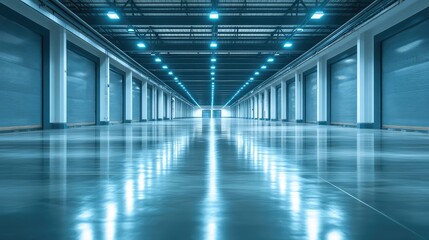 Poster - The clean interior of an industrial factory with empty storage spaces, ready for new raw materials or finished products to be placed.