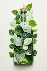 Wall Mural - over head flat lay view of a plastic bottle shape made from a leaves on a plain background