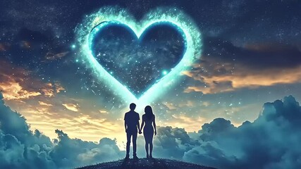 Wall Mural - Romantic silhouette of a couple holding hands under a cosmic heart-shaped sky at sunset