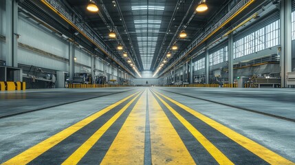 Poster - The factory warehouse floor with large machines and a wide aisle, creating a sense of industrial efficiency and clean organization.