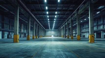 Poster - The inside of a factory hall with long, overhead lighting illuminating a wide floor, waiting for assembly or production to begin.
