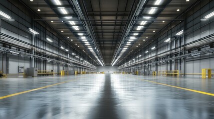 Poster - The inside of a factory hall with long, overhead lighting illuminating a wide floor, waiting for assembly or production to begin.