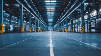 Poster - The inside of a factory warehouse with rows of empty storage racks, vast concrete floors, and large steel columns supporting the building.