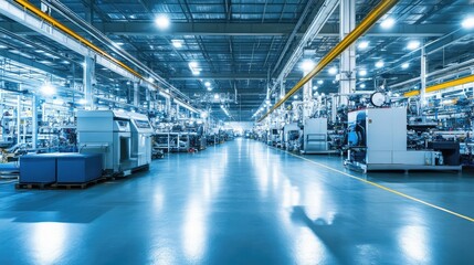 Poster - The interior of a factory with large, automated machines sitting idle on an empty floor, ready to start the production process.