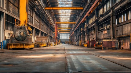 Poster - The interior of a factory with large, automated machines sitting idle on an empty floor, ready to start the production process.