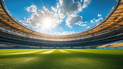 Poster - The interior of a vast stadium with a high ceiling, empty bleachers, and well-maintained turf, perfect for showcasing outdoor events.