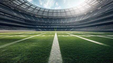 Poster - The interior of a vast stadium with a high ceiling, empty bleachers, and well-maintained turf, perfect for showcasing outdoor events.