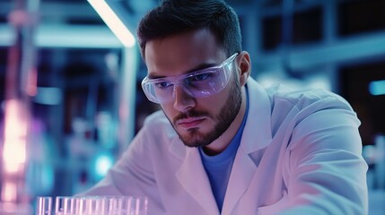 Poster - medical researcher in white lab coat examining laboratory samples