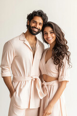 happy young indian couple standing together on white background