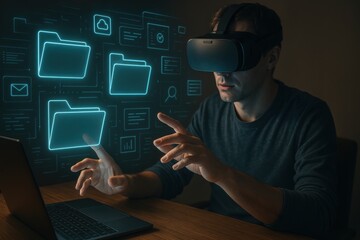 Poster - Immersive Digital Interface: A man wearing a VR headset navigates an ethereal digital interface, interacting with glowing holographic icons against a backdrop of futuristic technology. 