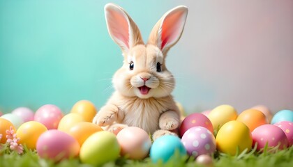 Poster - A cheerful Easter Bunny surrounded by a pile of vibrant, colorful Easter eggs, radiating festive joy and celebration