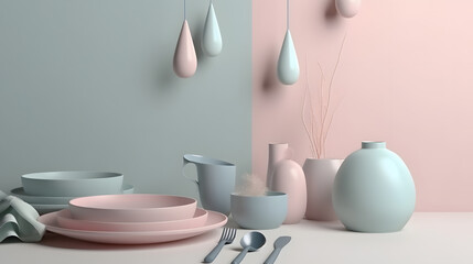 Poster - Minimalist table setting, soft pastel colors, elegant dishes and decor, modern design theme, perfect for dining or decoration.