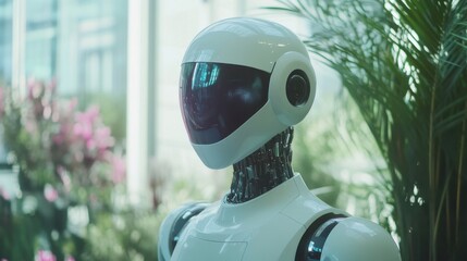 Poster - Robot stands in a modern greenhouse surrounded by vibrant plants and flowers during daylight