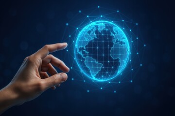 Fototapete - Global Connectivity at Your Fingertips: A person's hand delicately interacts with a luminous digital globe, emphasizing worldwide networks, global reach and technology integration. 