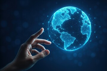 Fototapete - Global Reach: A human hand interacts with a digital representation of Earth, showcasing the interconnectedness of the world through a network of lines and dots against a gradient backdrop.