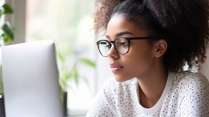 Poster - Young Woman Working on Computer with Focused Expression at Home