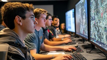 Poster - university students concentrating on computer screens while working on a cyber security project, ana