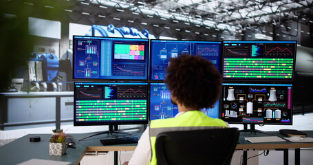 Poster - Black engineer checking power plant screens