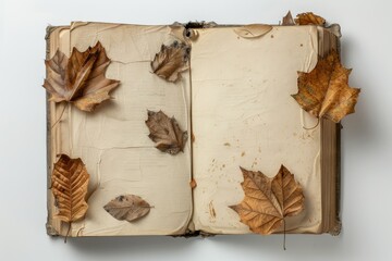 Poster - Composition of Opened Book with Blank Pages Decorated with Dry Leaves on White and Beige