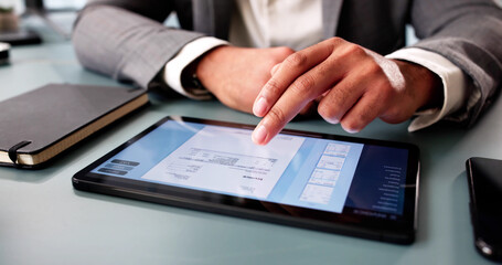 Poster - Young accountant calculating expenses, preparing electronic invoice