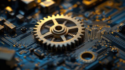 Poster - Intricate gear on a circuit board showcasing the fusion of technology and mechanics in a close-up view
