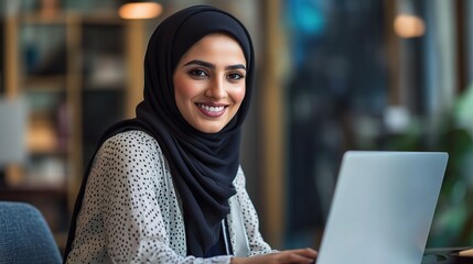 Poster - Happy Middle Eastern Businesswoman Working on Laptop in Office