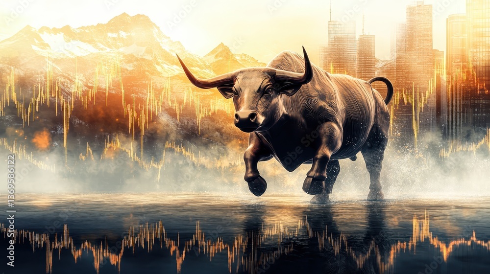 Overlay Bull Ilustración de Stock Golden trendlines framing a running bull, copy ...