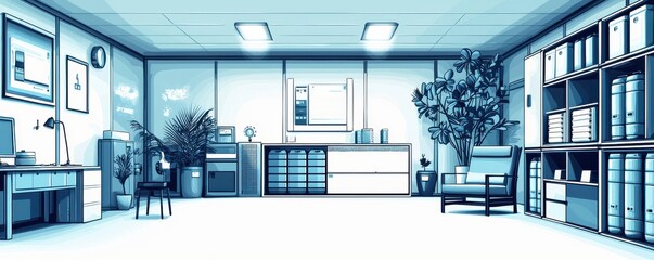 Poster - Modern office interior with organized bookshelves and comfortable seating area