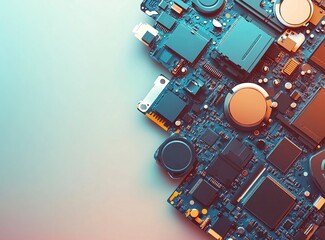 Aufkleber - Various computer hardware, including hard drives and flash drives, are located on the right side of a gradient background with copy space for text or graphics. 